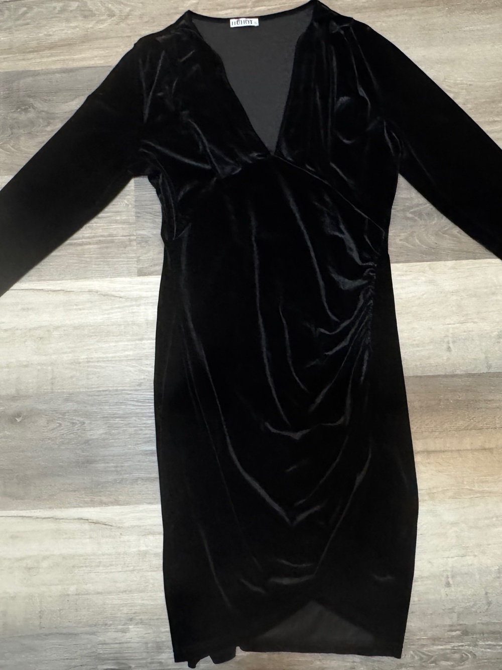 Black Velvet Long-Sleeve V Neck Faux Wrap Dress